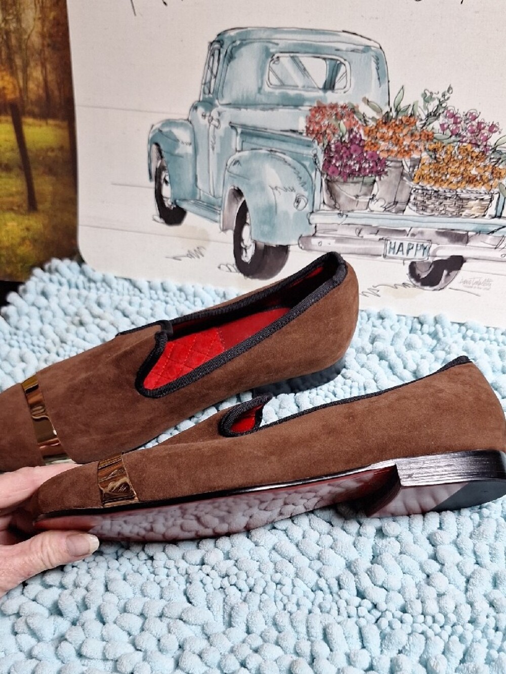 Brown Suede Ekot Men’s Slip-On Loafers with Gold Accent - Picture 5 of 7